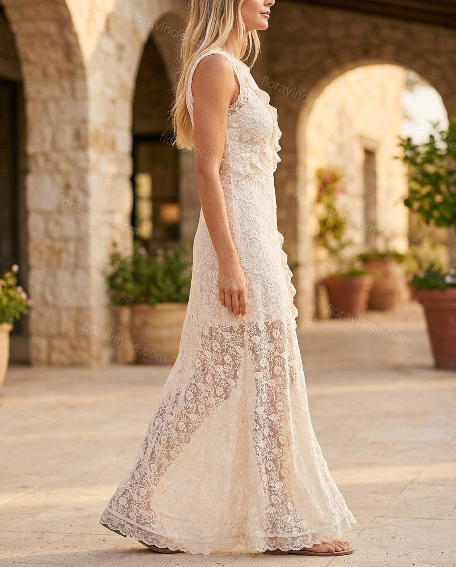 Off-white Floral Maxi Ruffled Dress, movement and fit lifestyle view, by Floravincie