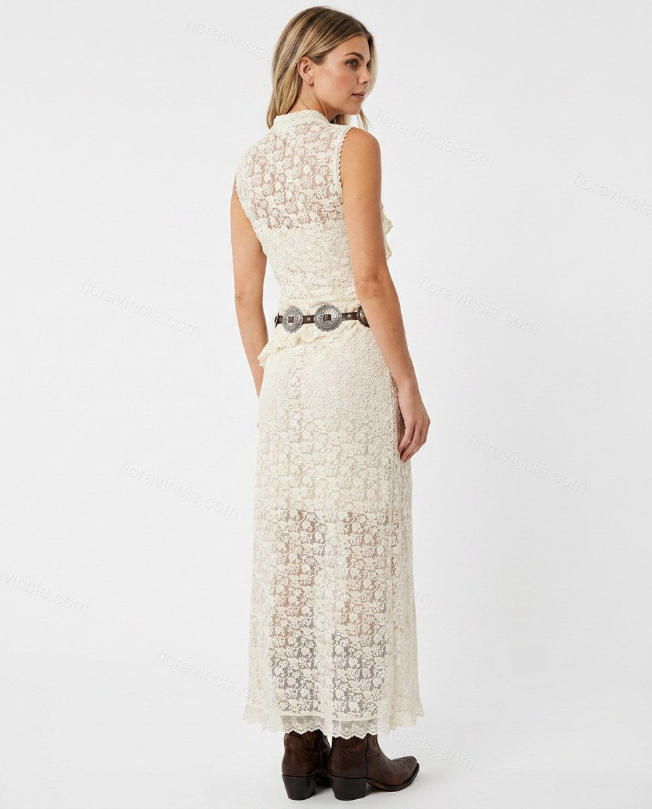 Off-white Floral Maxi Ruffled Dress, back studio view showing fitted back with lace overlay, by Floravincie