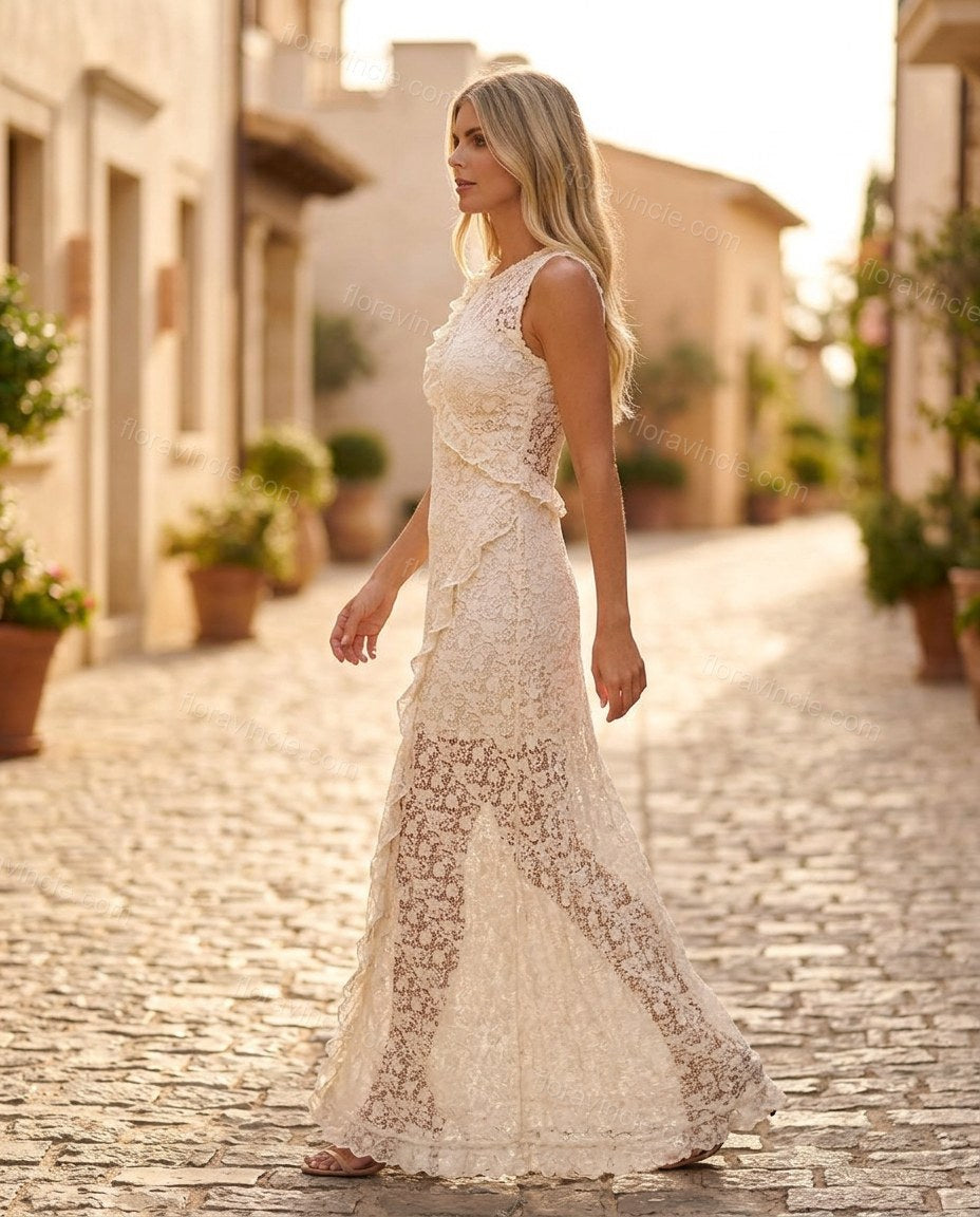 Off-white Floral Maxi Ruffled Dress, walking lifestyle view, by Floravincie