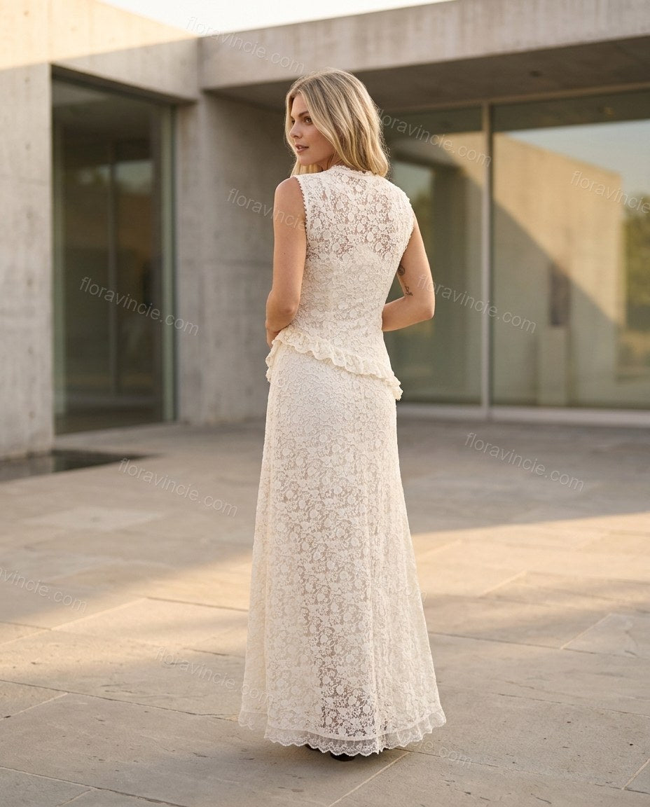 Off-white Floral Maxi Ruffled Dress, alternate use-case lifestyle view, by Floravincie