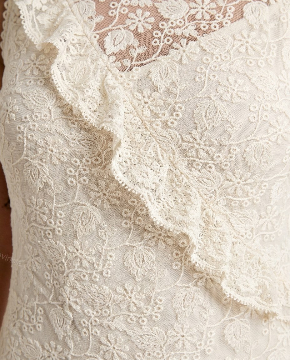 Off-white Floral Maxi Ruffled Dress, close-up of floral and scalloped hem, by Floravincie