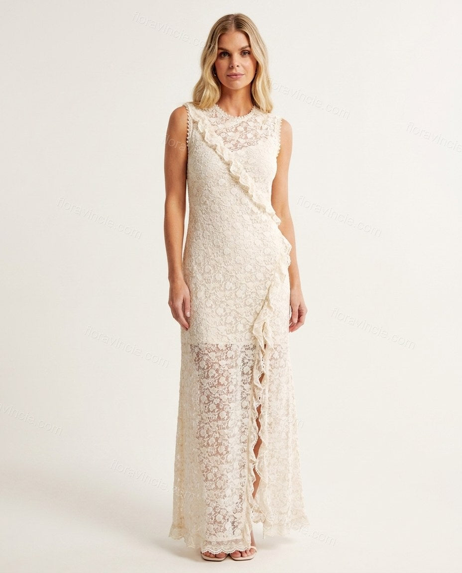 Off-white Floral Maxi Ruffled Dress, front studio view, by Floravincie