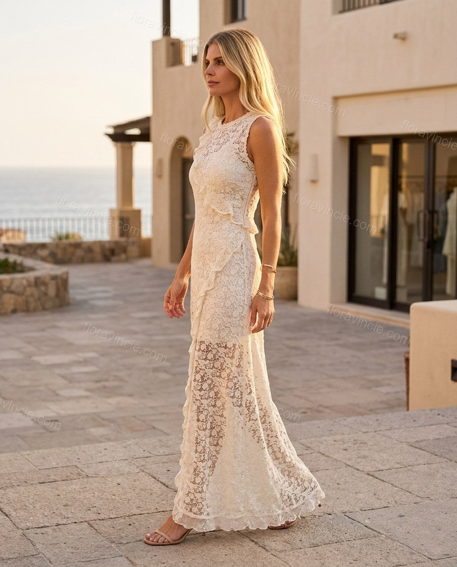 Off-white Floral Maxi Ruffled Dress, three-quarter brand lifestyle view, by Floravincie
