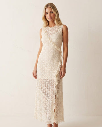 Off-white Floral Maxi Ruffled Dress, full-length hero view, by Floravincie