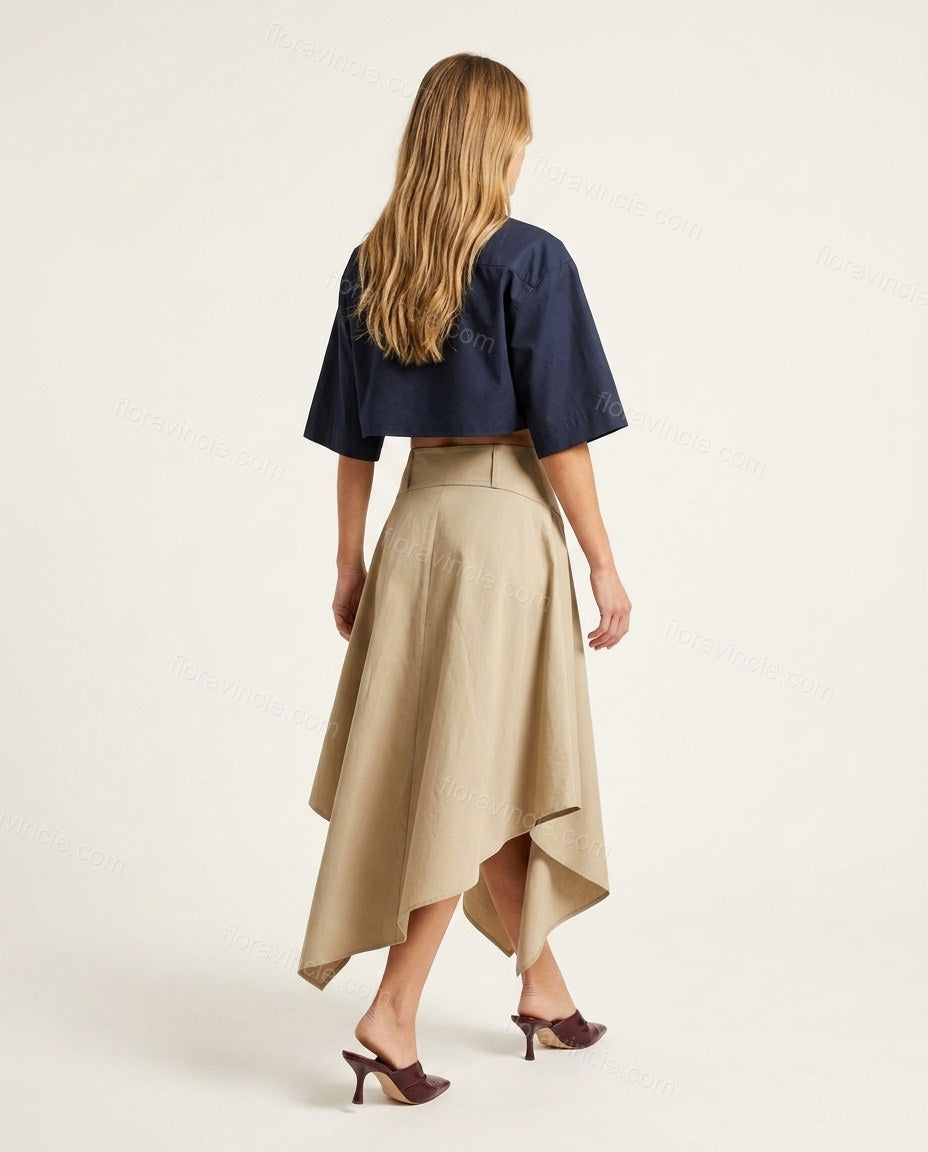 Light Beige Midi Pleated Asymmetric Shirt & Skirt Set, back studio view showing solid, continuous fabric, structured waistband, by Floravincie