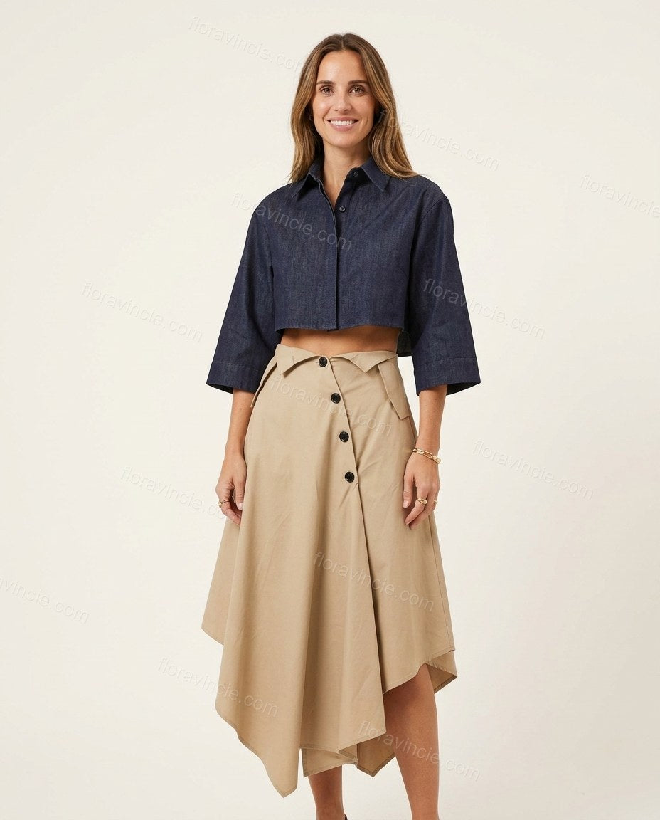 Light Beige Midi Pleated Asymmetric Shirt & Skirt Set, front studio view, by Floravincie