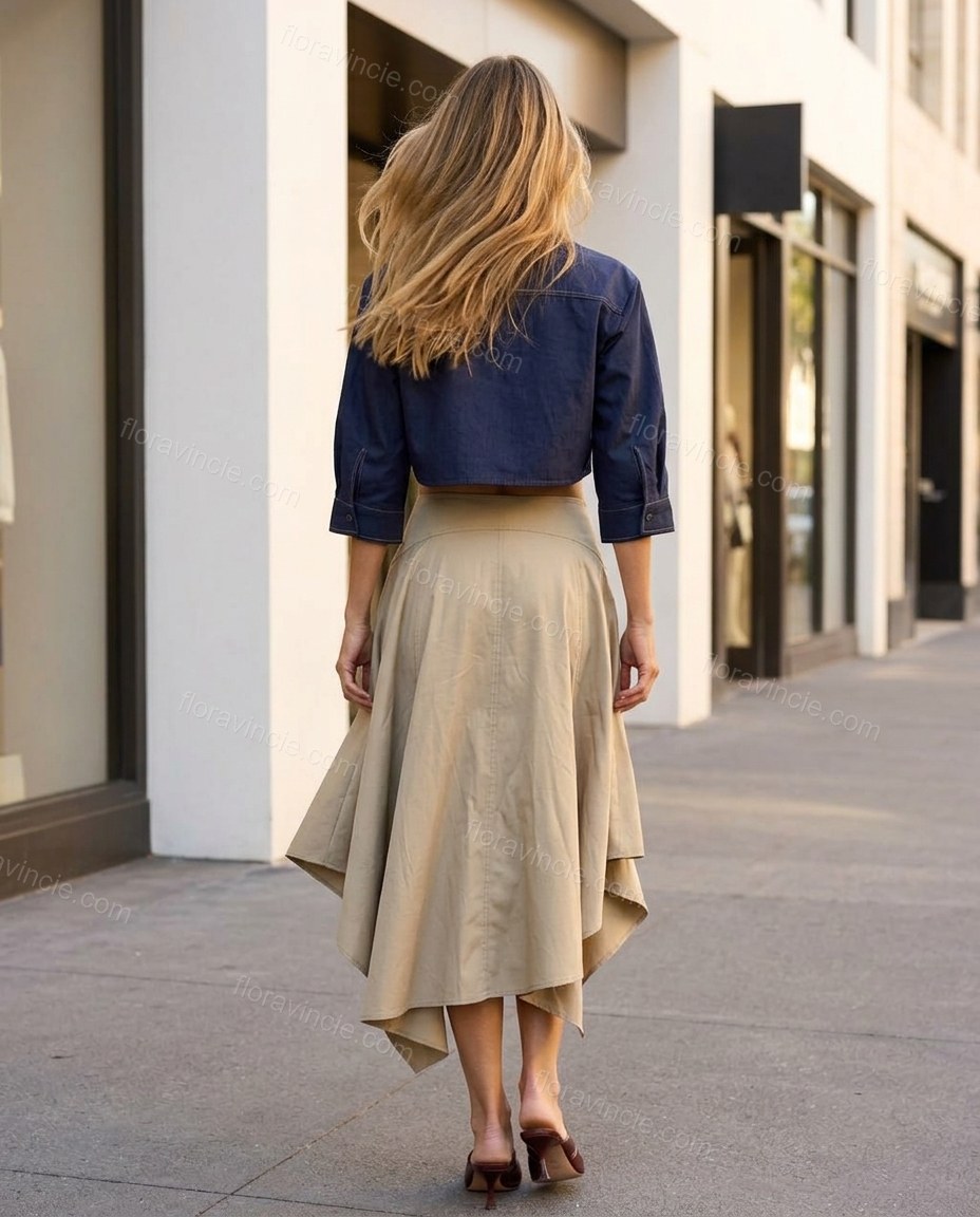 Light Beige Midi Pleated Asymmetric Shirt & Skirt Set, alternate use-case lifestyle view, by Floravincie