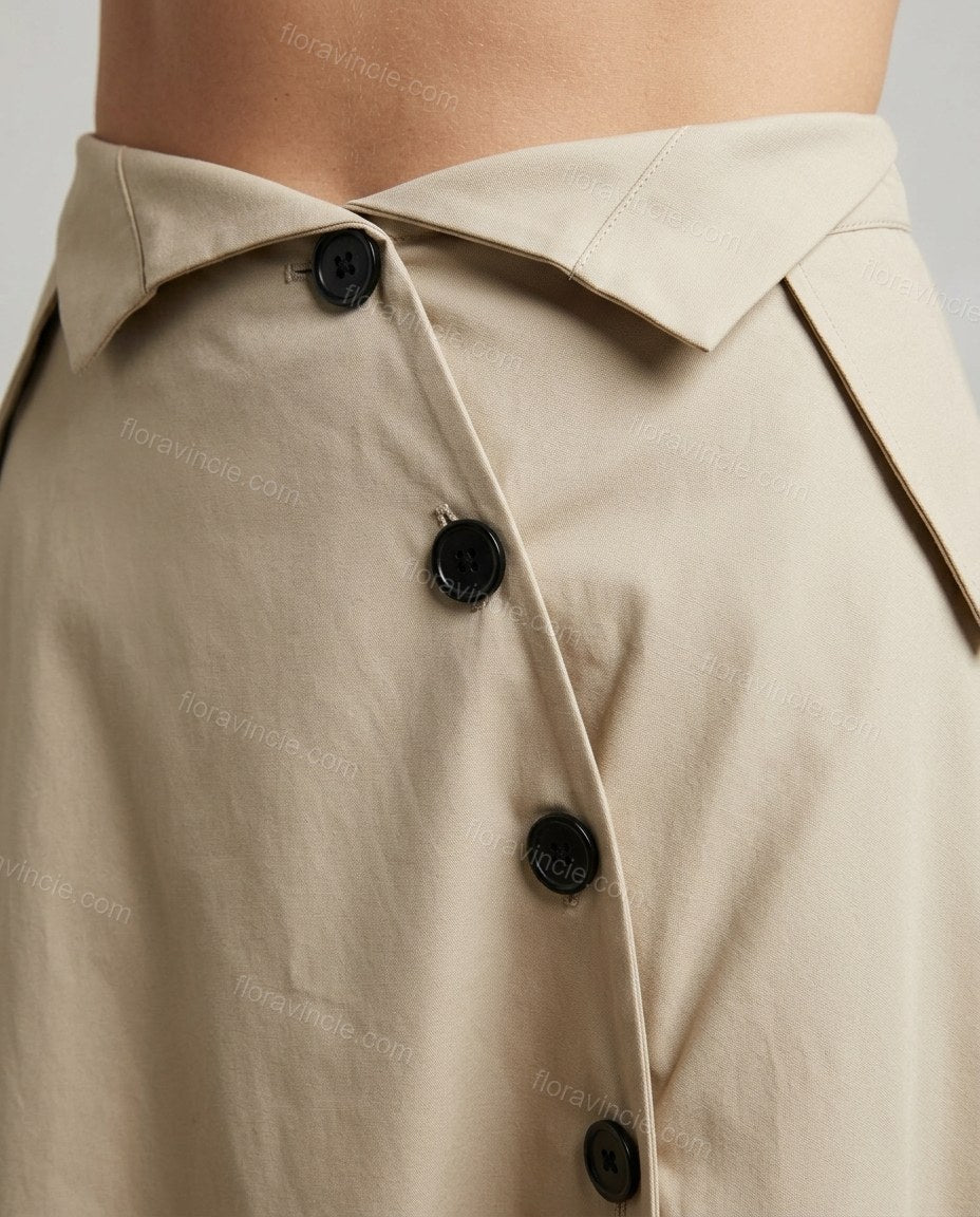 Light Beige Midi Pleated Asymmetric Shirt & Skirt Set, close-up of high waist, button closure and asymmetrical hem, by Floravincie