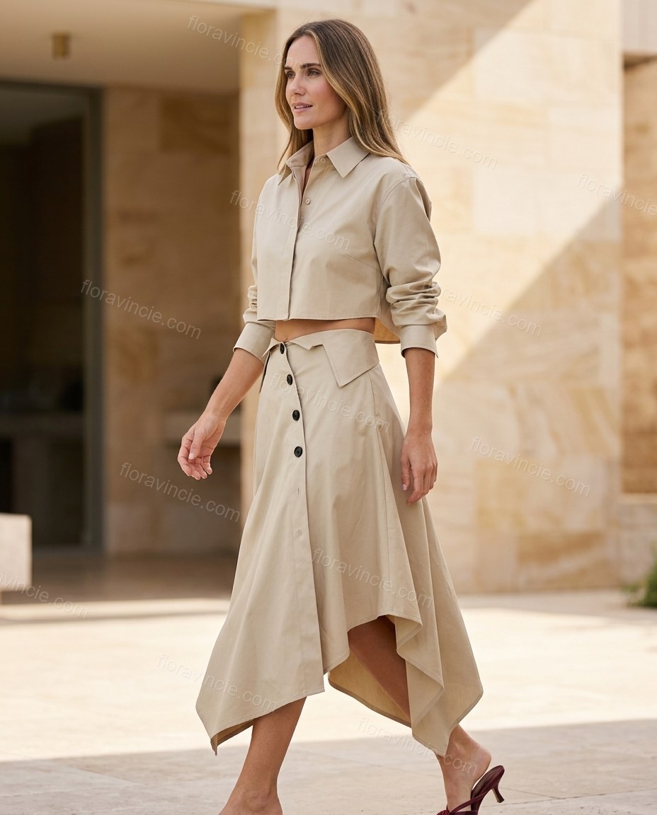 Light Beige Midi Pleated Asymmetric Shirt & Skirt Set, walking lifestyle view, by Floravincie