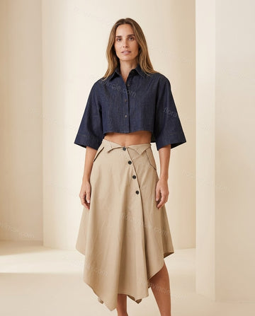 Light Beige Midi Pleated Asymmetric Shirt & Skirt Set, full-length hero view, by Floravincie