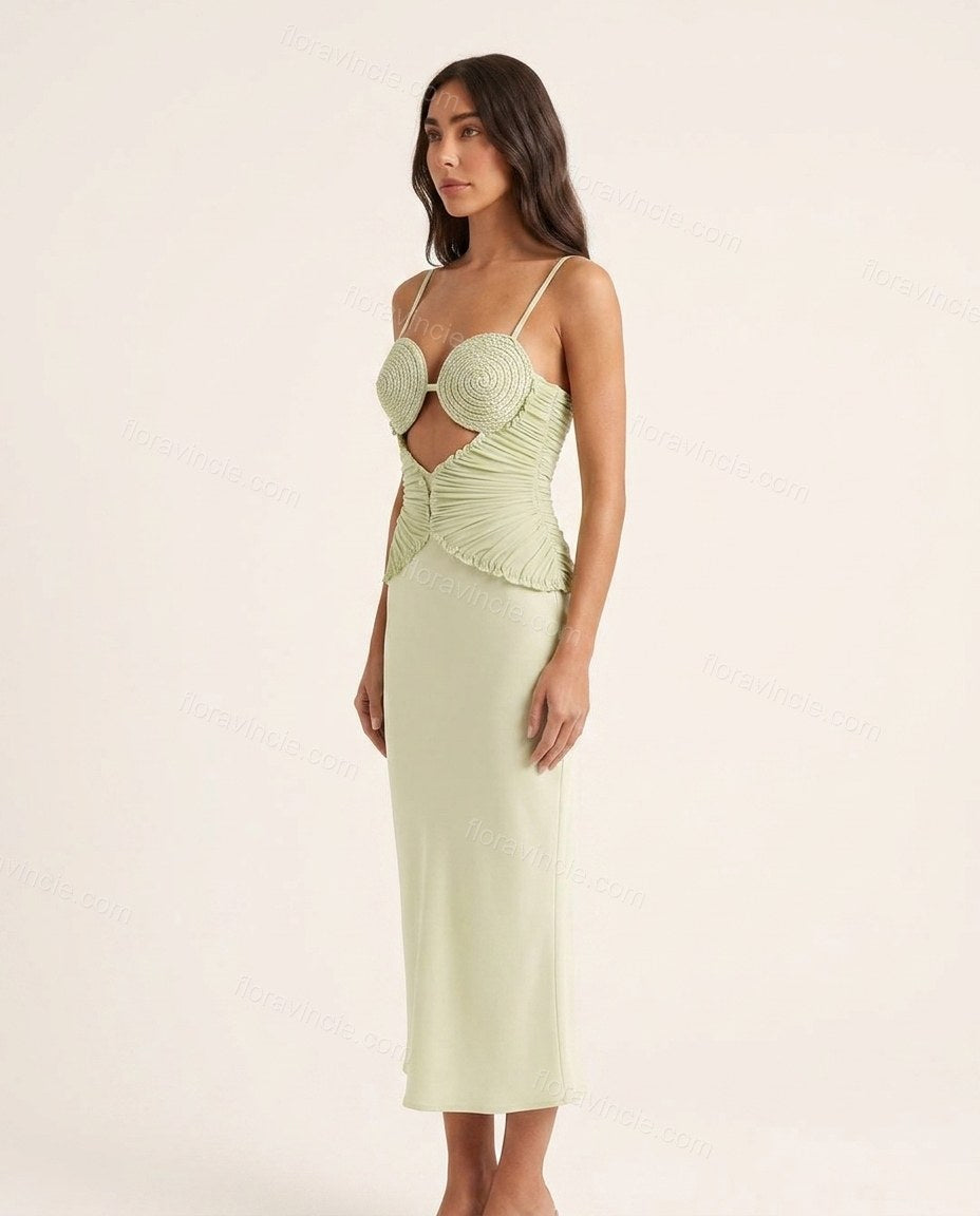 Light Green Midi Dress, side and back studio view showing bodice features vertical ruching and thin shoulder straps, by Floravincie