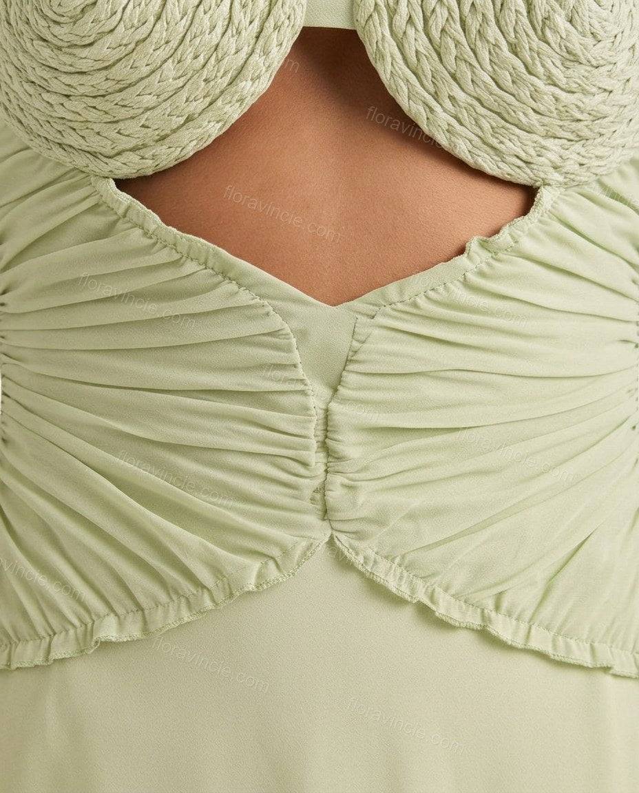 Light Green Midi Dress, close-up of cut-out waist, ruched bodice and coiled bust cups, by Floravincie