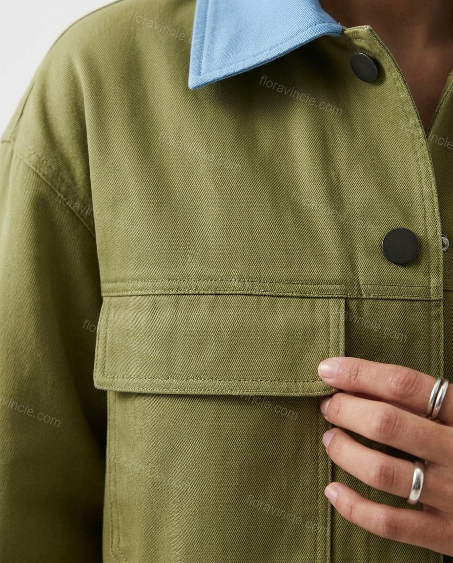 Olive Green Cotton Jacket, close-up of light blue accents, button-front closure and chest flap pockets, by Floravincie