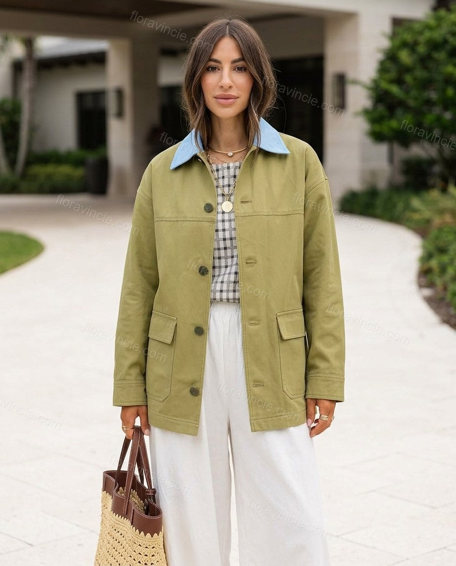 Olive Green Cotton Jacket, full-length hero view, by Floravincie