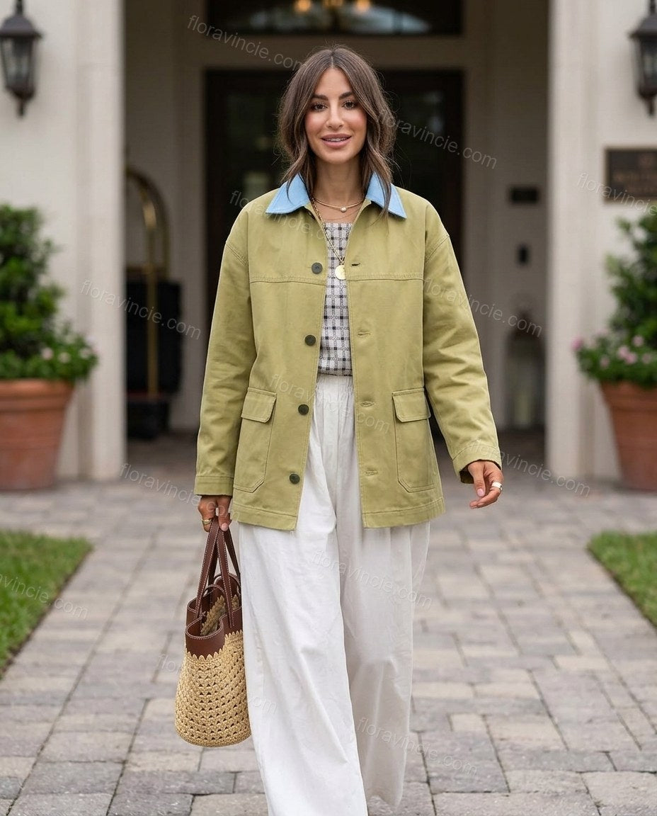Olive Green Cotton Jacket, movement and fit lifestyle view, by Floravincie