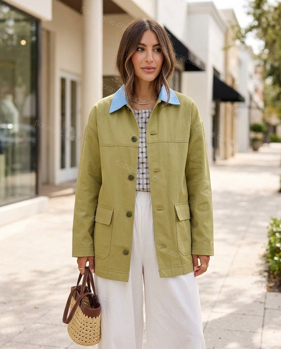 Olive Green Cotton Jacket, three-quarter brand lifestyle view, by Floravincie
