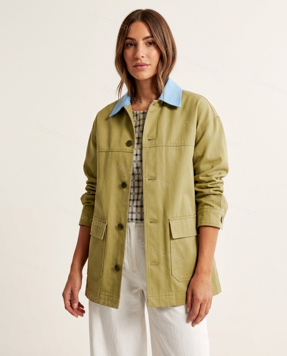 Olive Green Cotton Jacket, front studio view, by Floravincie