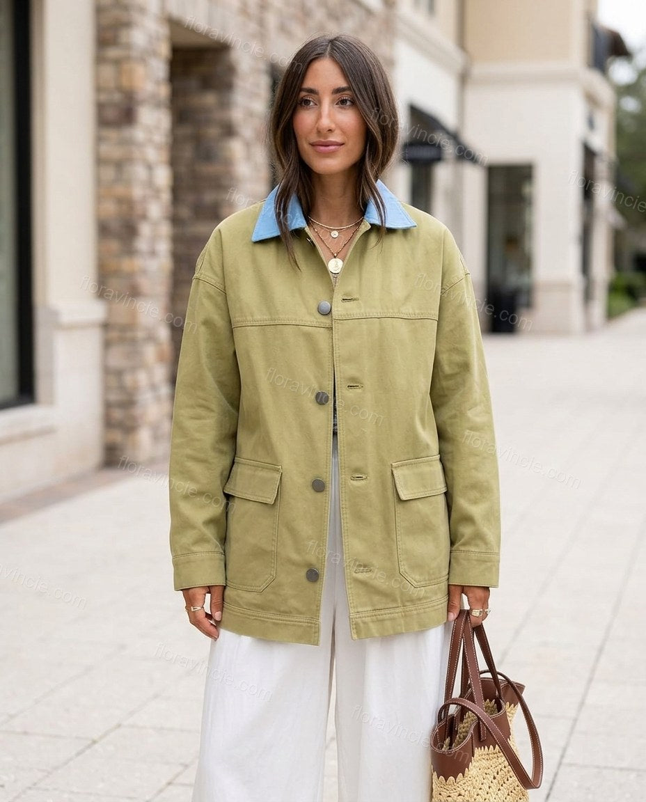 Olive Green Cotton Jacket, alternate use-case lifestyle view, by Floravincie