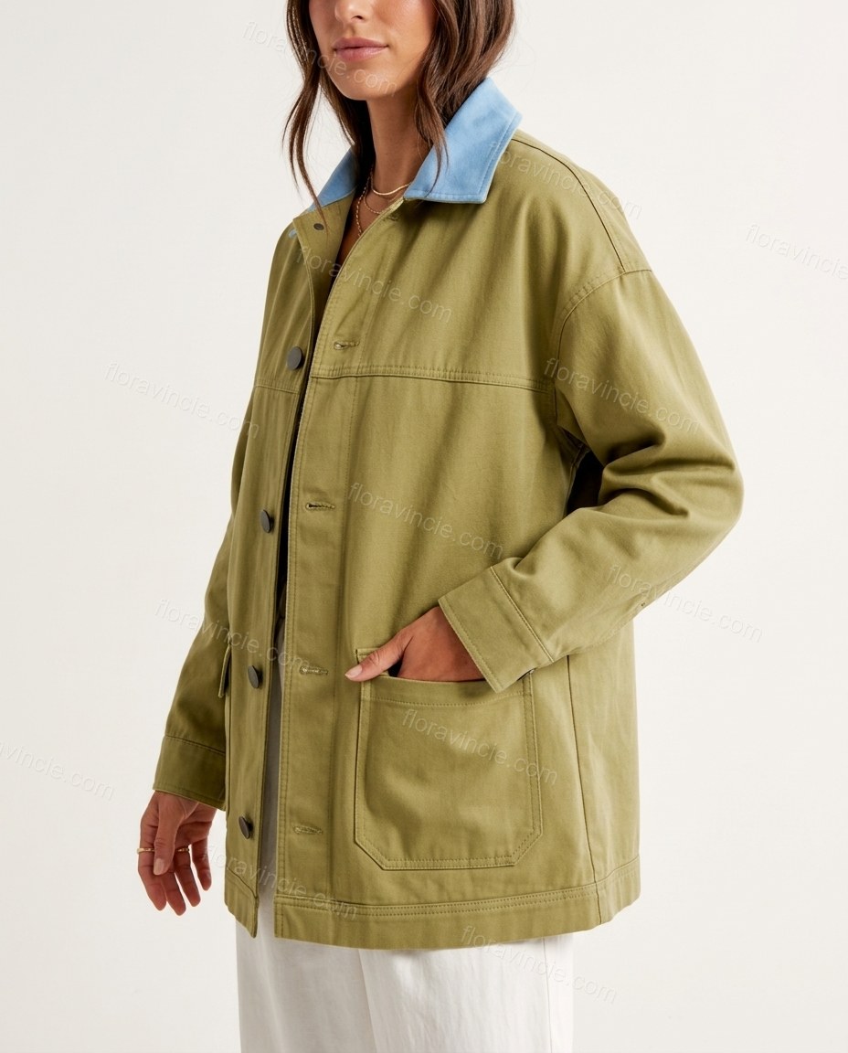 Olive Green Cotton Jacket, side and back studio view, by Floravincie