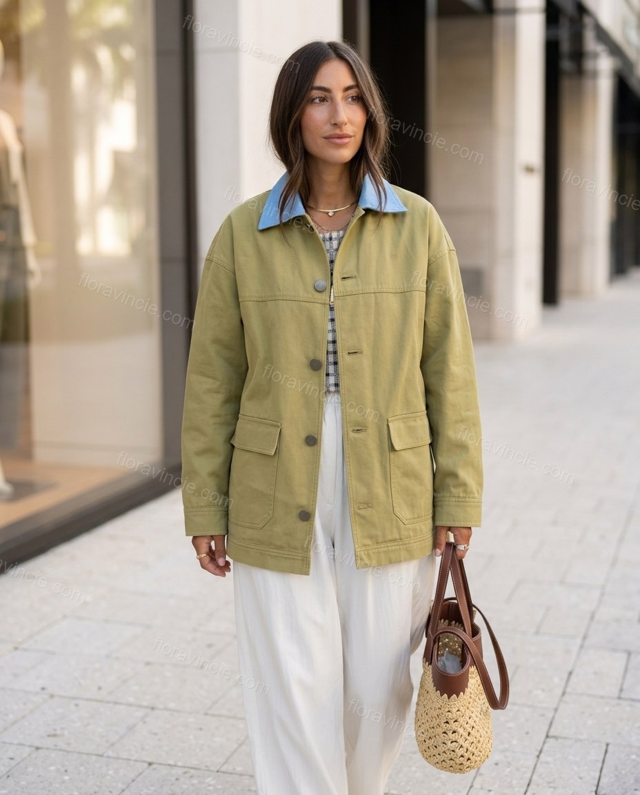 Olive Green Cotton Jacket, walking lifestyle view, by Floravincie