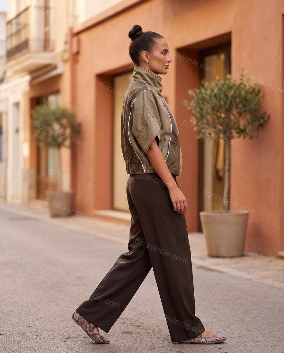 Brown Asymmetric Vest, movement and fit lifestyle view, by Floravincie