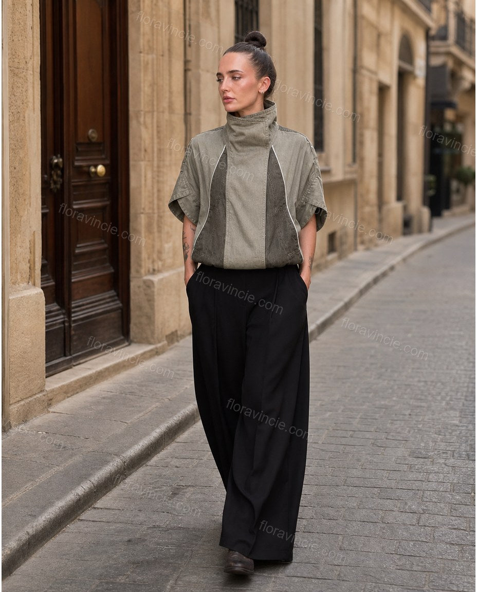 Brown Asymmetric Vest, walking lifestyle view, by Floravincie