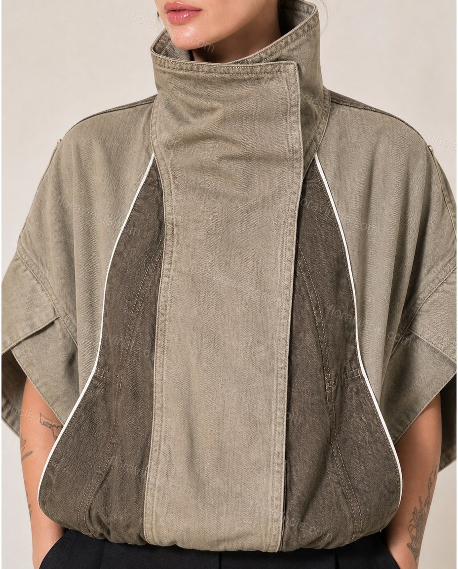 Brown Asymmetric Vest, close-up of frog closures, stand collar and curved hem, by Floravincie