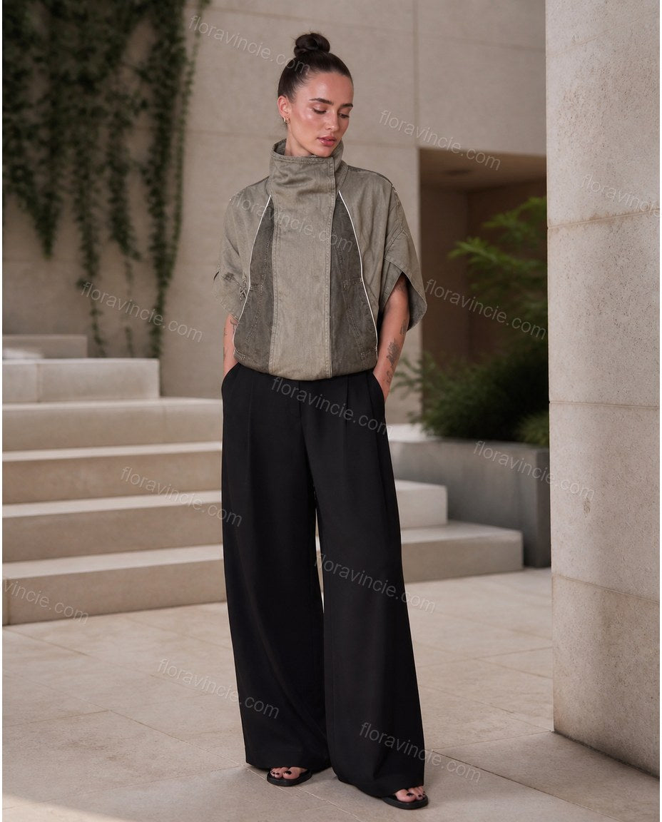 Brown Asymmetric Vest, three-quarter brand lifestyle view, by Floravincie