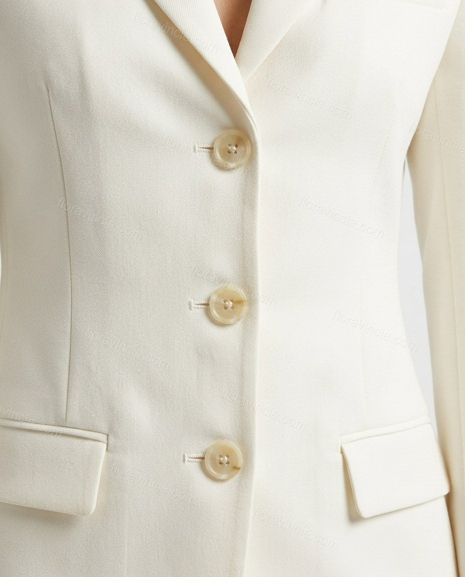 Off-white Pleated Blazer & Skirt Set, close-up of notched lapels, single-breasted and three-button closure, by Floravincie