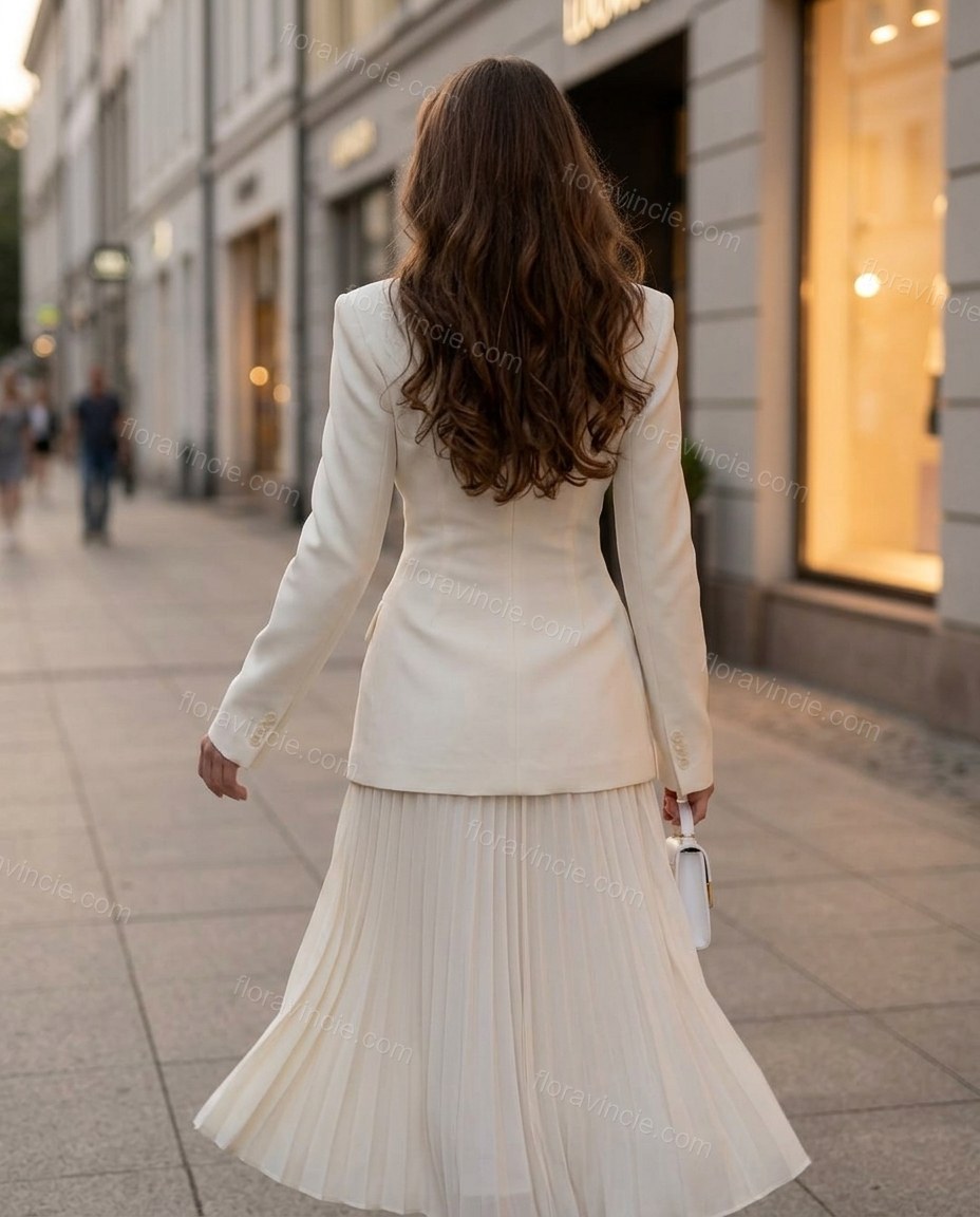 Off-white Pleated Blazer & Skirt Set, movement and fit lifestyle view, by Floravincie