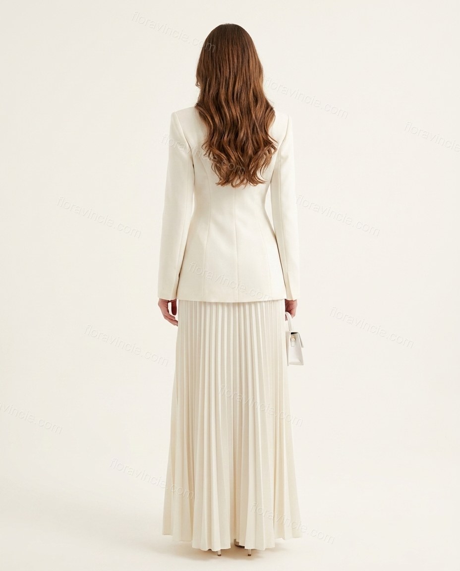 Off-white Pleated Blazer & Skirt Set, back studio view, by Floravincie