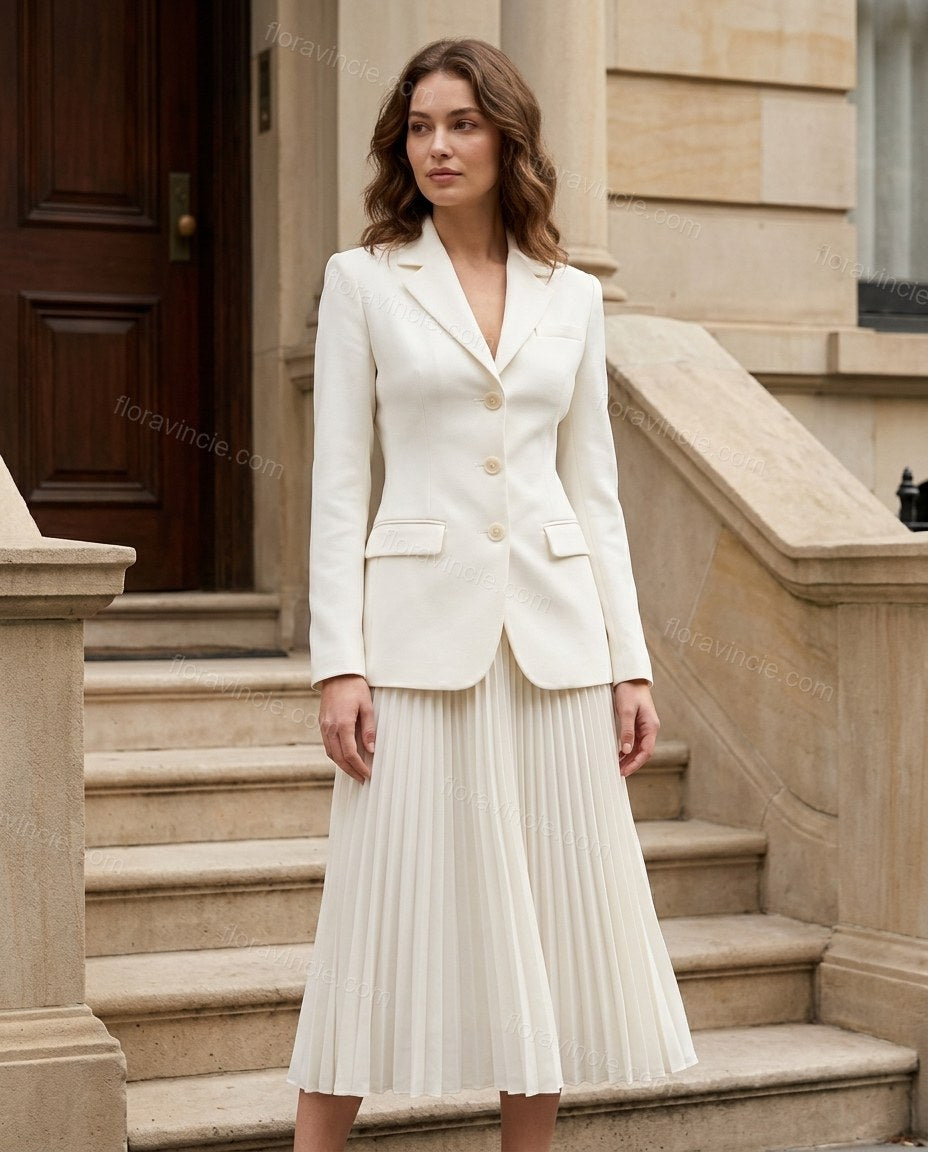 Off-white Pleated Blazer & Skirt Set, three-quarter brand lifestyle view, by Floravincie