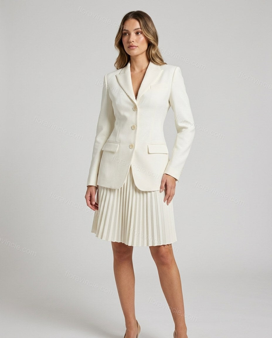 Off-white Pleated Blazer & Skirt Set, front studio view, by Floravincie