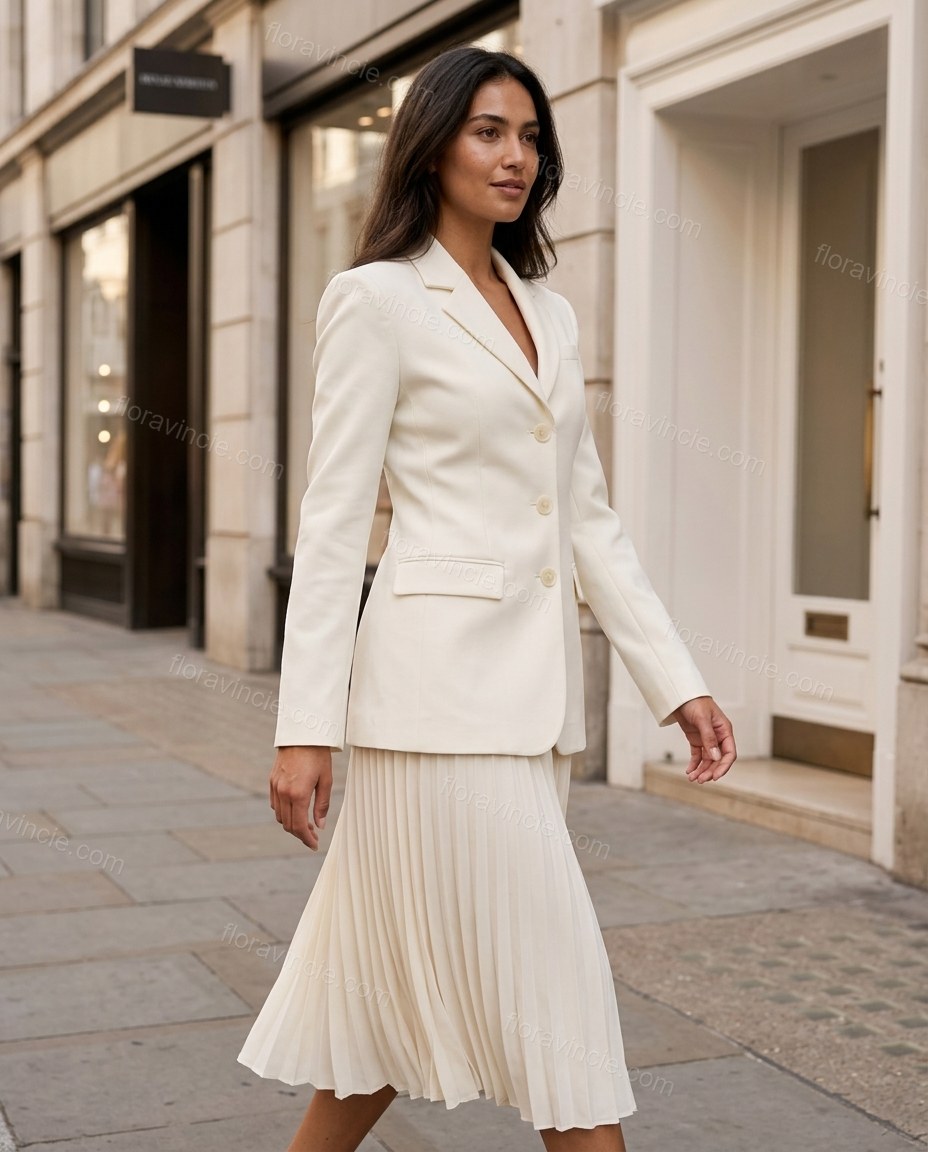 Off-white Pleated Blazer & Skirt Set, alternate use-case lifestyle view, by Floravincie