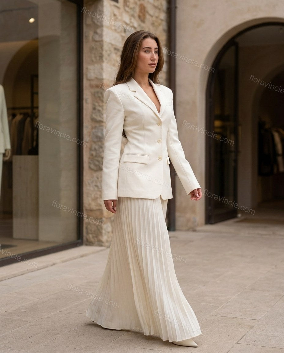 Off-white Pleated Blazer & Skirt Set, walking lifestyle view, by Floravincie