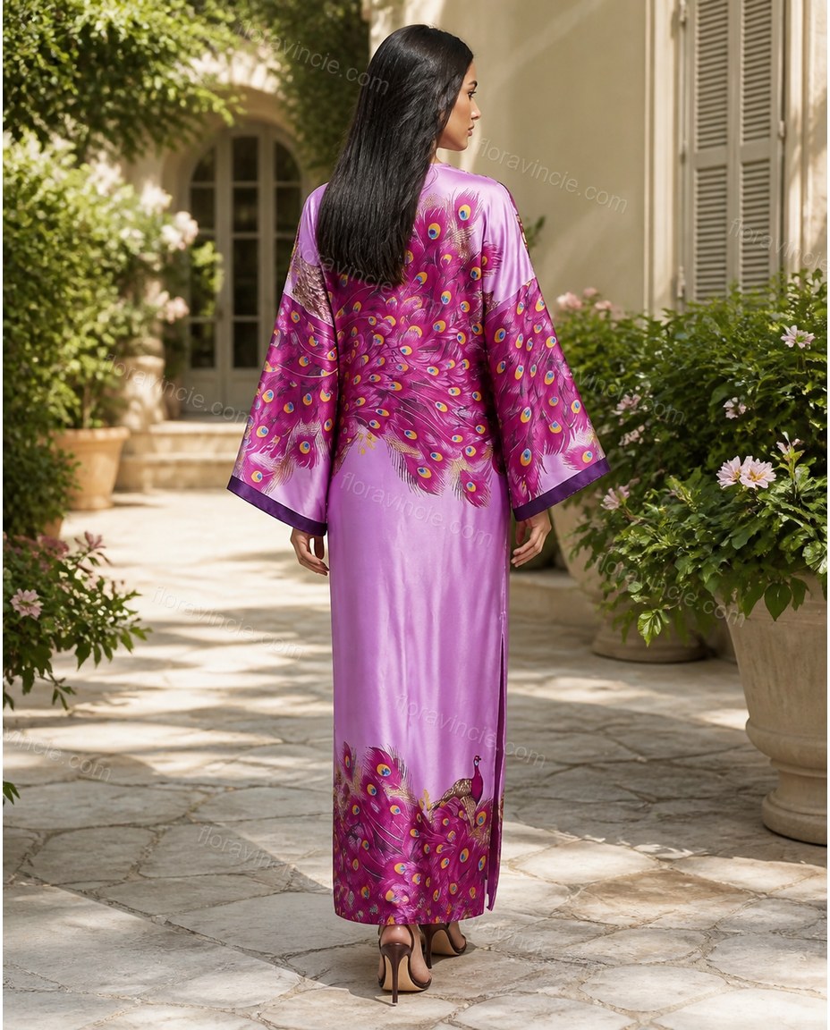 Purple Floral Feather-Trim Satin Dress, alternate use-case lifestyle view, by Floravincie