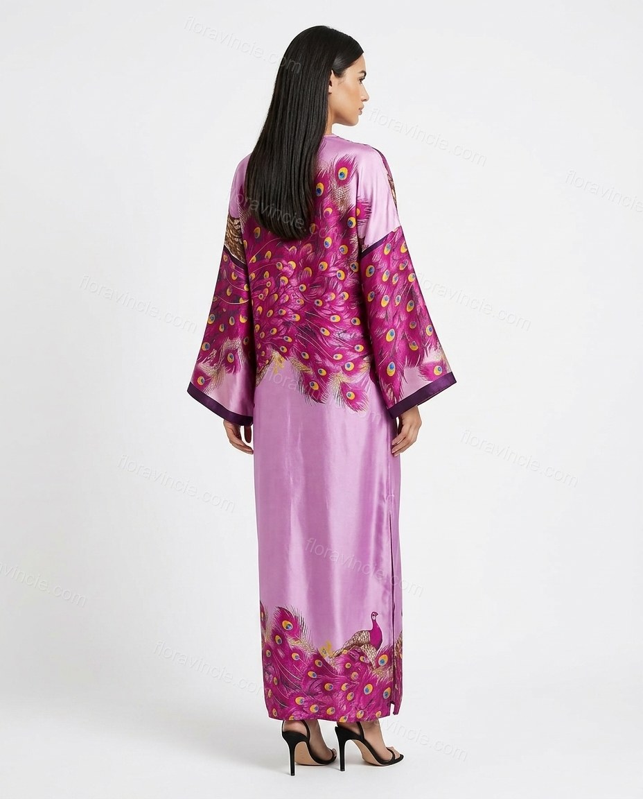 Purple Floral Feather-Trim Satin Dress, back studio view showing continuous peacock feather print with no seams or openings, by Floravincie