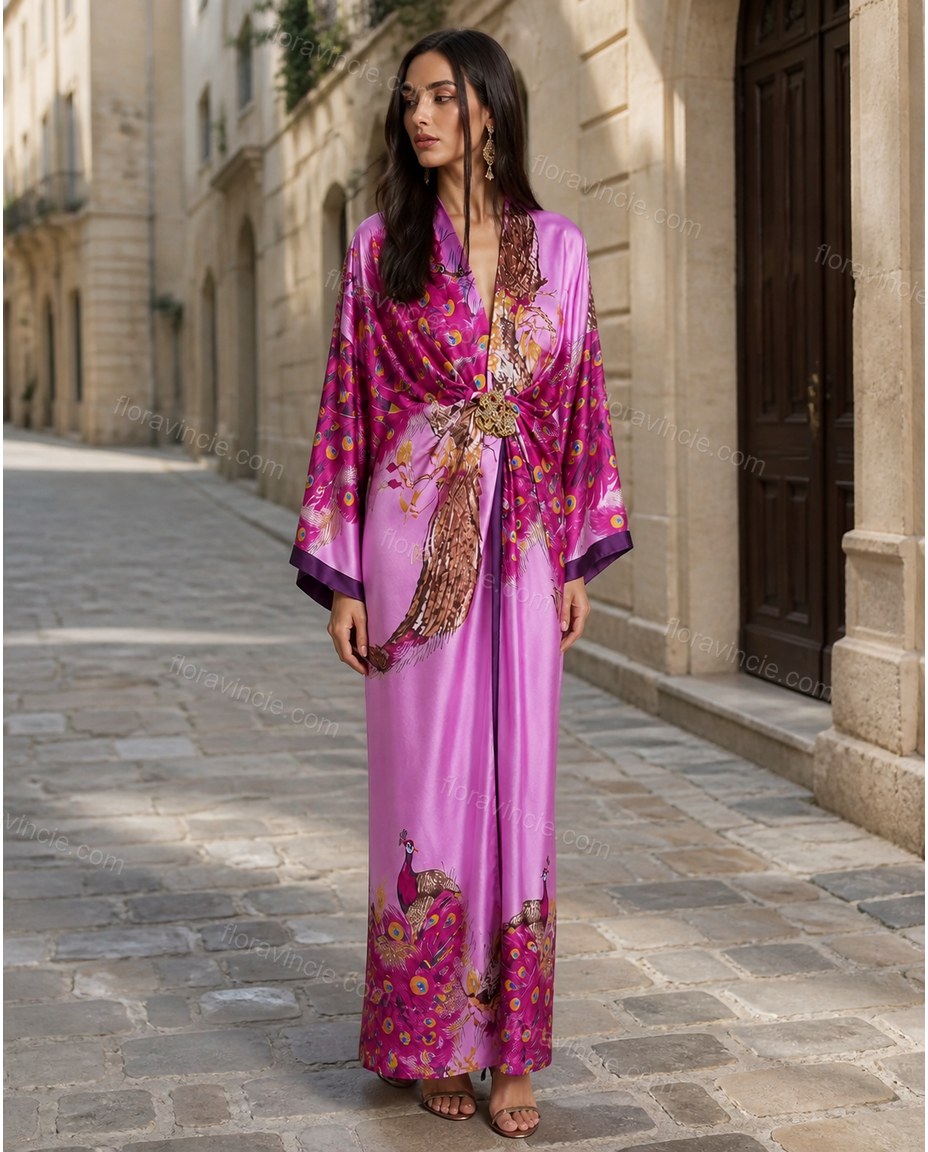 Purple Floral Feather-Trim Satin Dress, movement and fit lifestyle view, by Floravincie