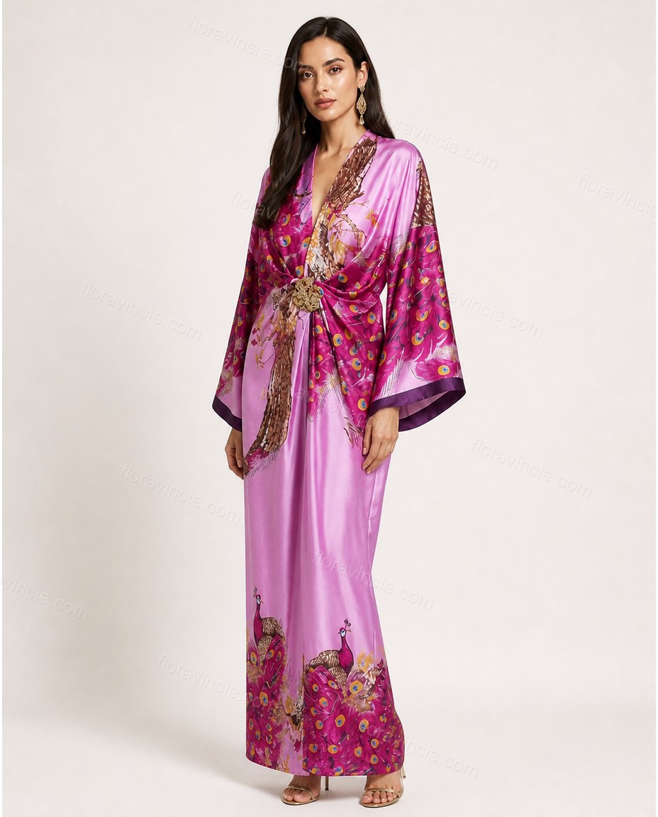 Purple Floral Feather-Trim Satin Dress, front studio view, by Floravincie