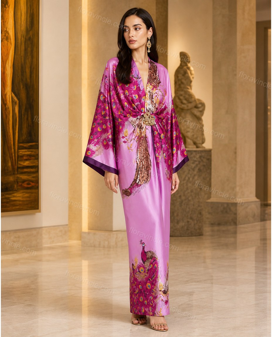 Purple Floral Feather-Trim Satin Dress, three-quarter brand lifestyle view, by Floravincie