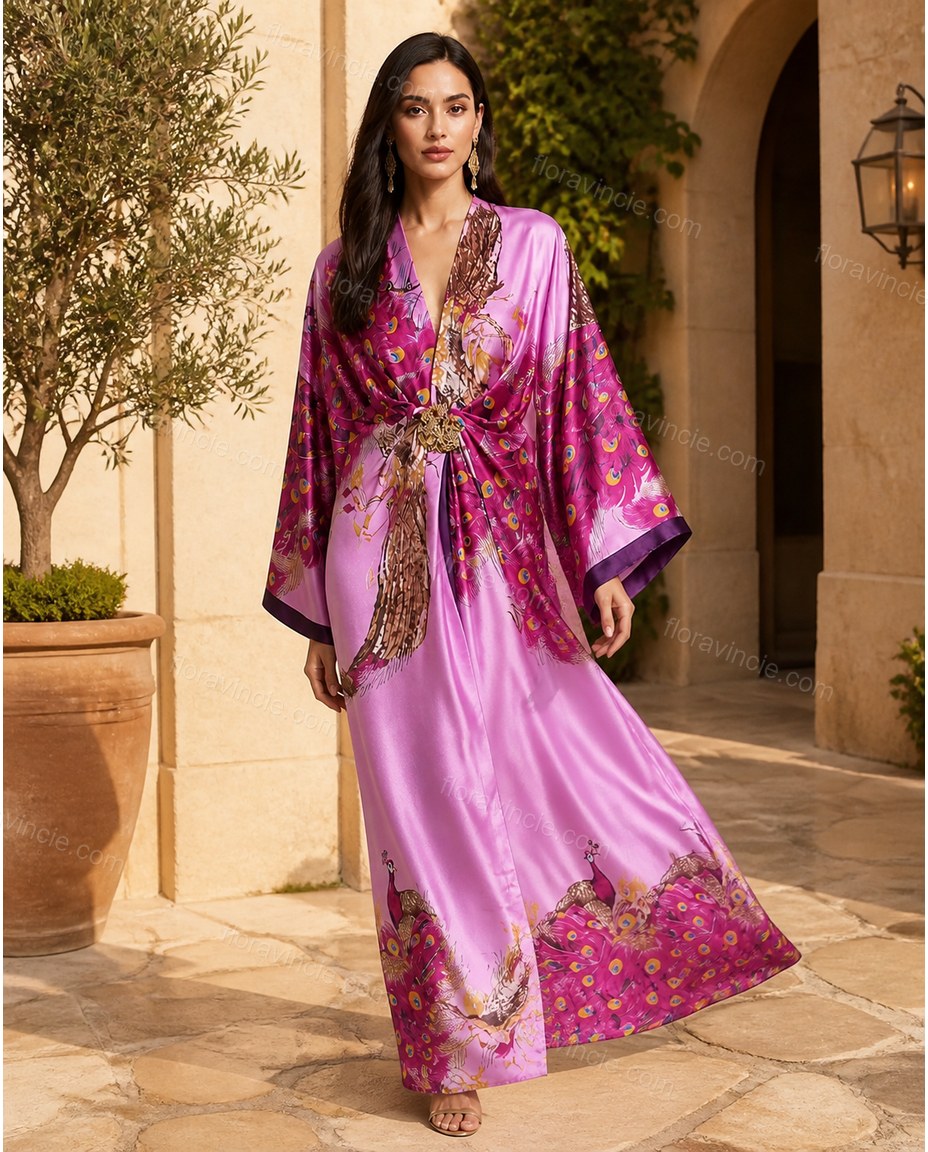 Purple Floral Feather-Trim Satin Dress, walking lifestyle view, by Floravincie