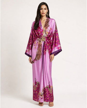 Purple Floral Feather-Trim Satin Dress, full-length hero view, by Floravincie