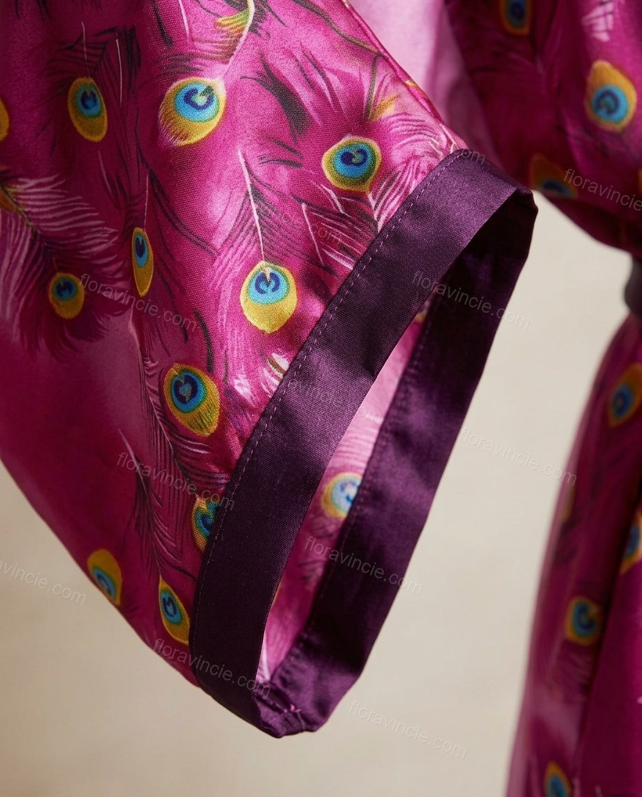 Purple Floral Feather-Trim Satin Dress, close-up of floral, by Floravincie