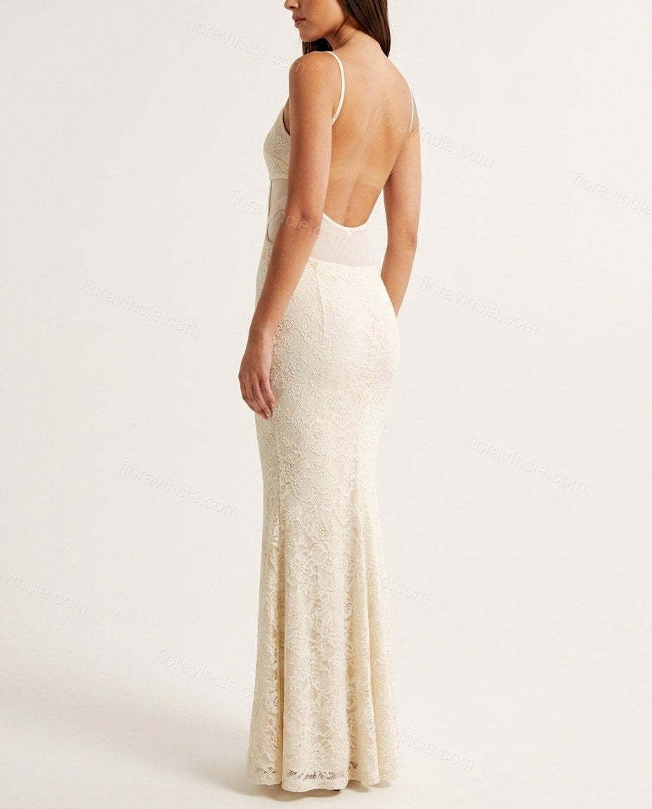 Off-white Floral Open-Back Lace Dress, back studio view showing open back design, by Floravincie