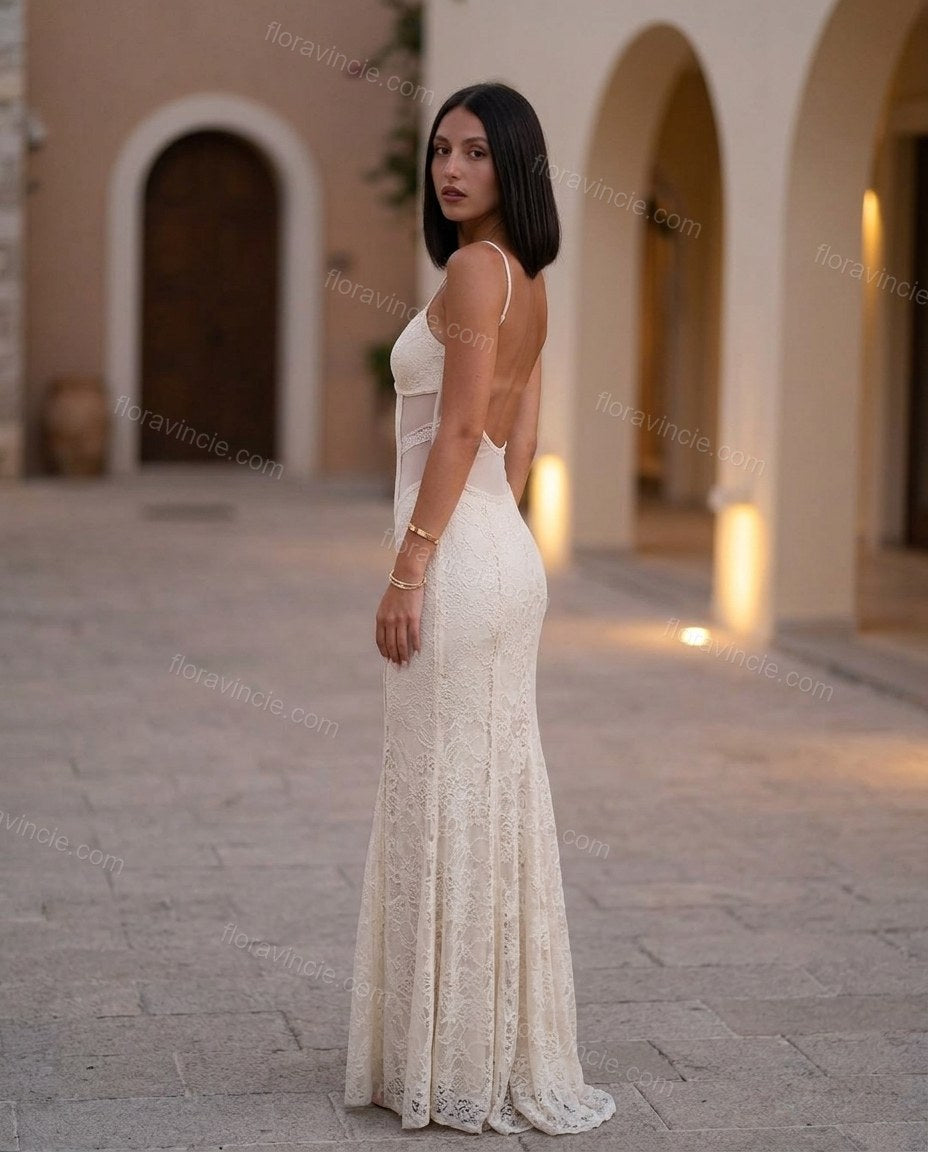 Off-white Floral Open-Back Lace Dress, alternate use-case lifestyle view, by Floravincie