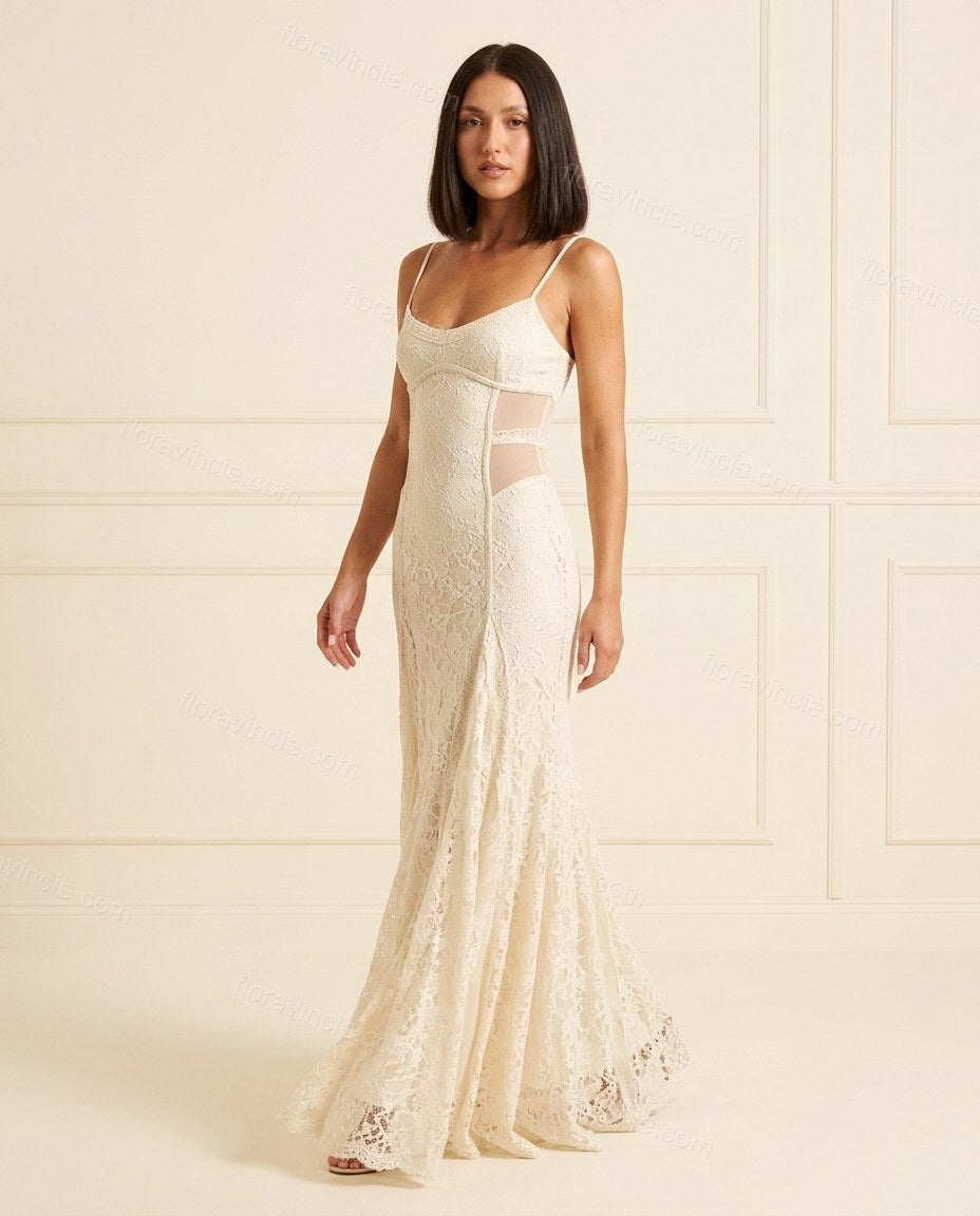 Off-white Floral Open-Back Lace Dress, full-length hero view, by Floravincie