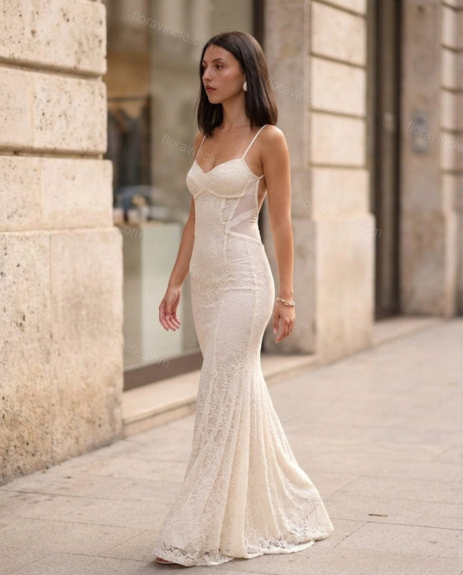 Off-white Floral Open-Back Lace Dress, walking lifestyle view, by Floravincie