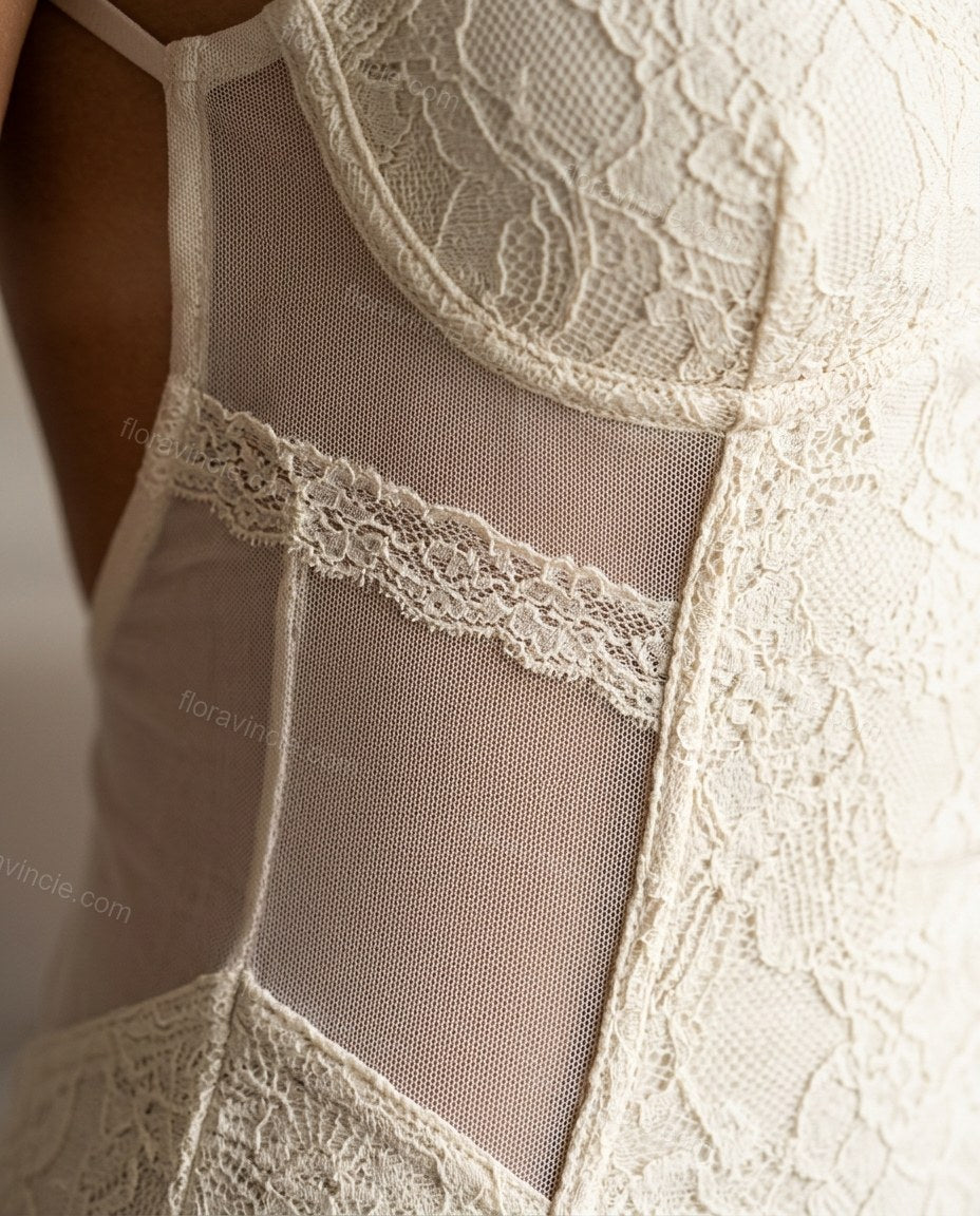 Off-white Floral Open-Back Lace Dress, close-up of floral, by Floravincie