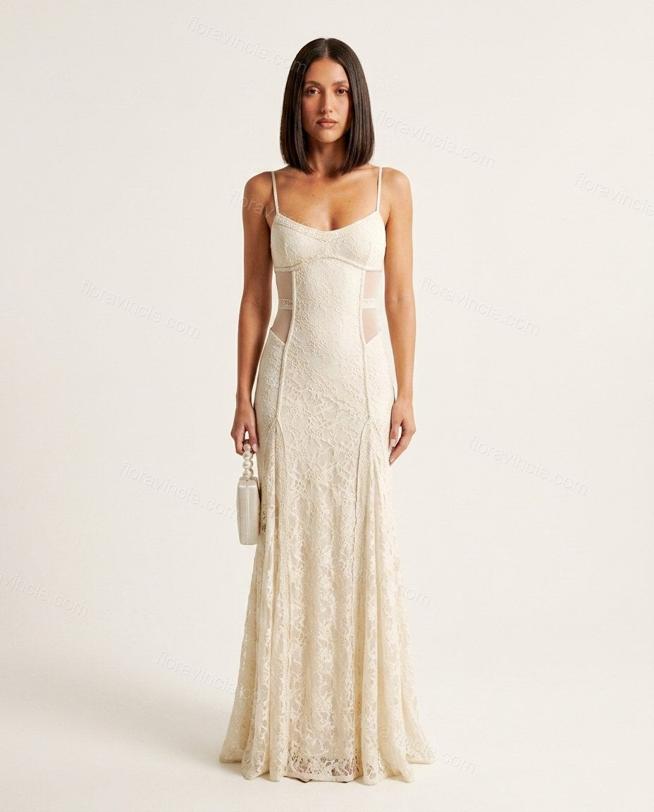 Off-white Floral Open-Back Lace Dress, front studio view, by Floravincie