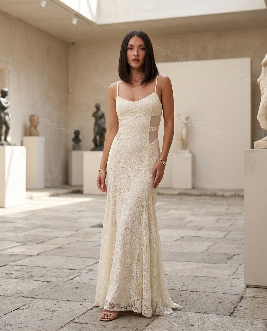 Off-white Floral Open-Back Lace Dress, three-quarter brand lifestyle view, by Floravincie